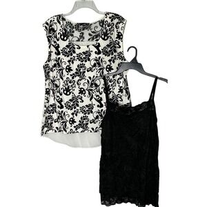 Maurices Black Burnnout Velvet White Damask Print Sleeveless Layered Look Top XL